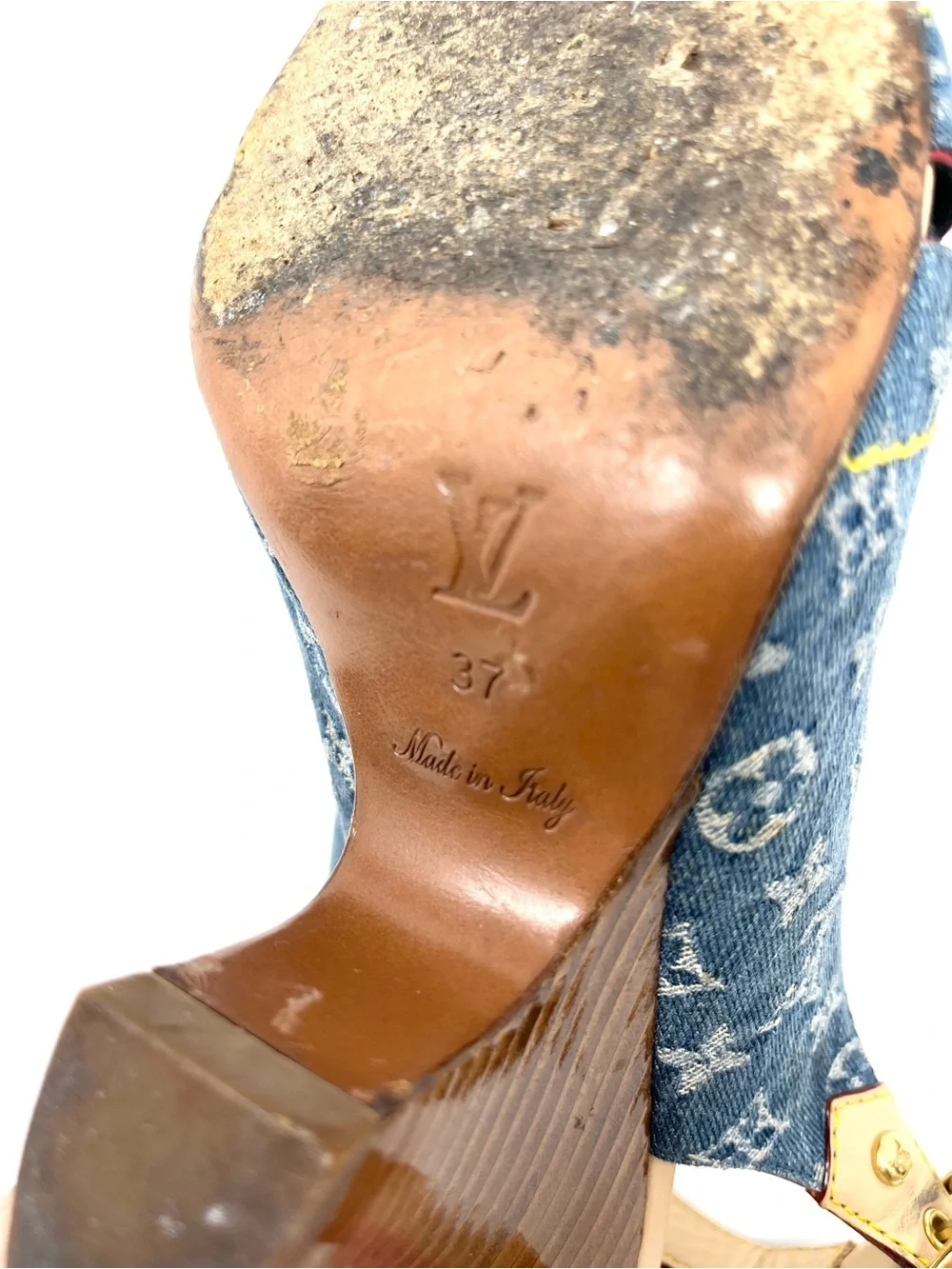 Vintage Vtg Louis Vuitton Blue Denim Logo Monogram Slingback Sandals Heels 37 7